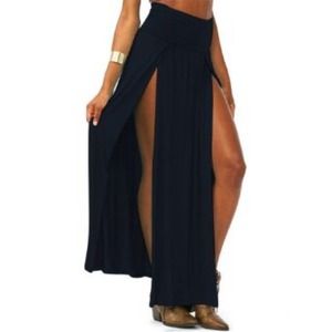 Black Double Slit Maxi Skirt