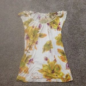 Floral shirt, yellow, gold, purple. Short sleeve