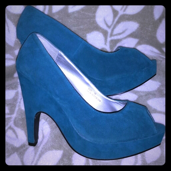 3 in teal suede peep toe heels