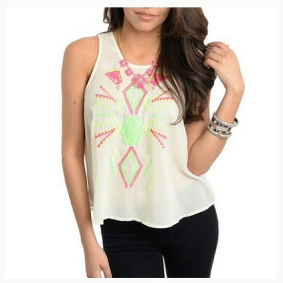 Neon embroidered sleeveless top