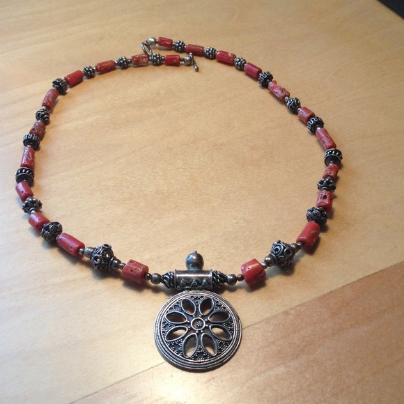 18-inch Coral and Pewter Necklace