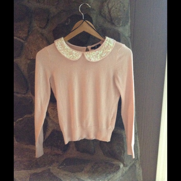 Peach sweater with sequined Peter Pan collar