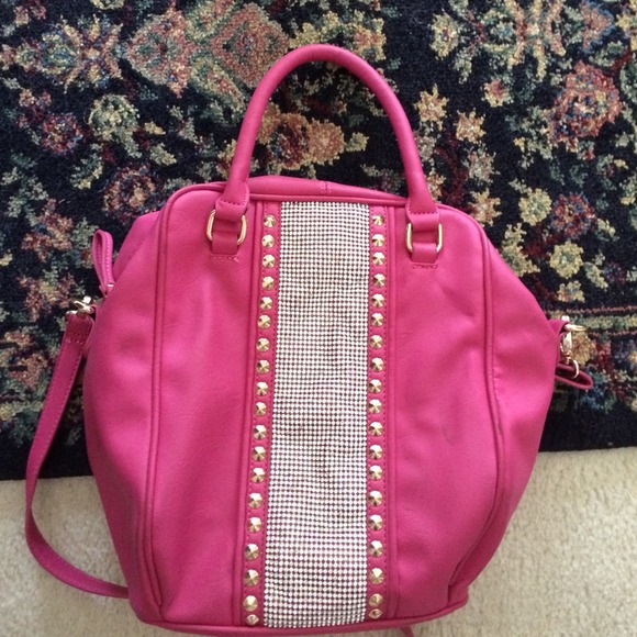Pink faux leather studded handbag