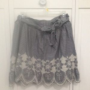 Black and white striped skirt with cream lace