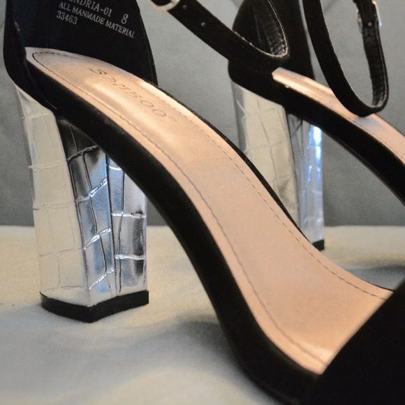 Bamboo Shoes - SOLD! Black Strappy Sandals w/Silver Textured Heel Bamboo Shoes - SOLD! Black Strappy Sandals w/Silver Textured Heel