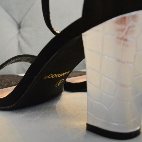 Bamboo Shoes - SOLD! Black Strappy Sandals w/Silver Textured Heel Bamboo Shoes - SOLD! Black Strappy Sandals w/Silver Textured Heel