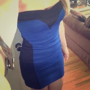 Black and blue strapless club dress
