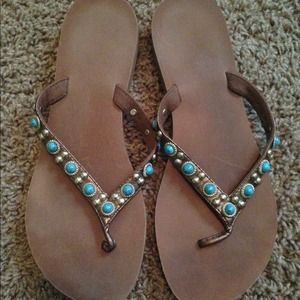 turquoise embellished flip flops