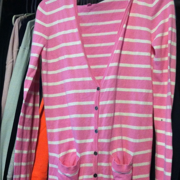 pink and white cardigan
