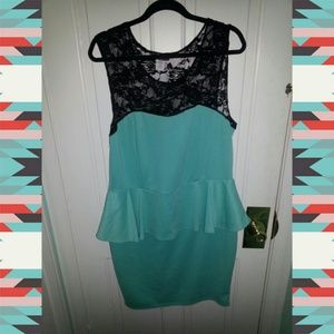 Plus Size Tiffany Blue and Black Lace Peplum Dress