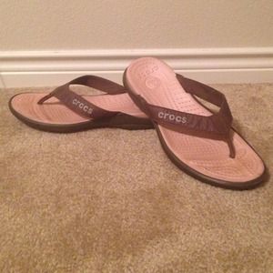 Light pink and brown crocs flip flops