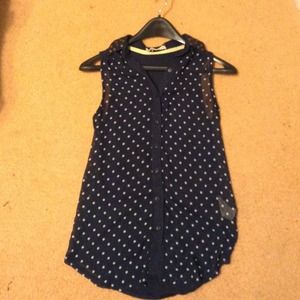 Navy Blue Polka Dot Shirt With Embellished Collar