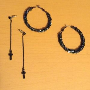 Black Earring Set - Crosses and Hoops