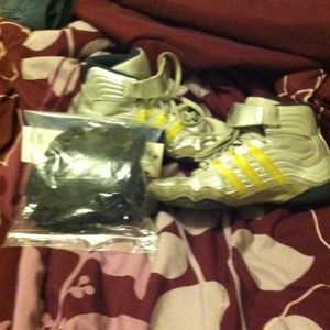 Boys wrestling shoes and head gear