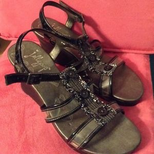 Black 3 Inch Wedges With Button Detail