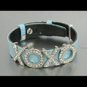 Baby Blue Leather Rhinestone XOXO Slider Bracelet