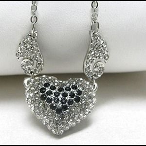 New Black & White Cz Puffed Heart & Wing Necklace
