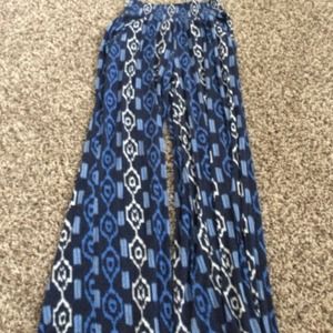 Flared blue tribal print pants.