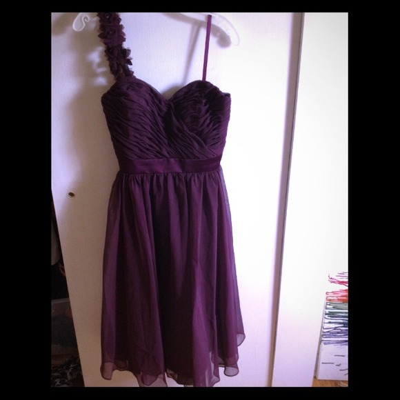 One shoulder deep purple bridesmaid dress.