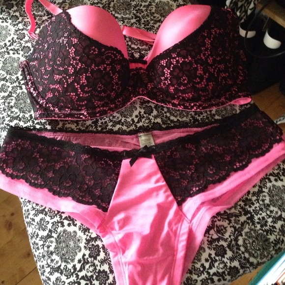 Pink and Black Victorias Secret Bra and Panty Set