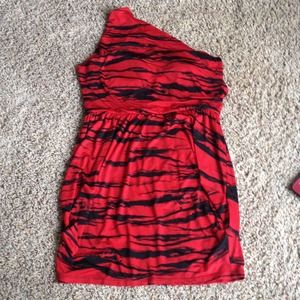 Red and black striped one shoulder dress