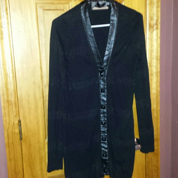 Black Cardigan w. Leather Trim