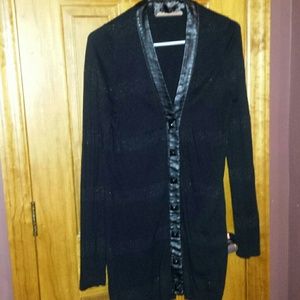 Black Cardigan w. Leather Trim