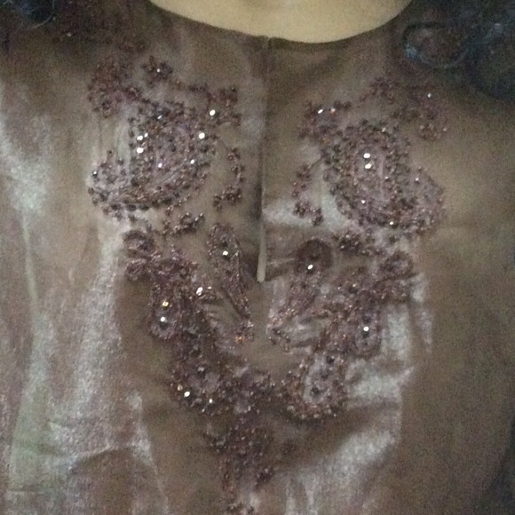 DANA BUCHMAN Vintage Sheer Brown Silk top, with beads & sequins - Picture 2 of 4