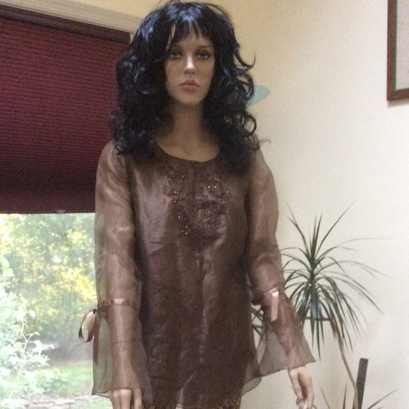 DANA BUCHMAN Vintage Sheer Brown Silk top, with beads & sequins - Picture 3 of 4