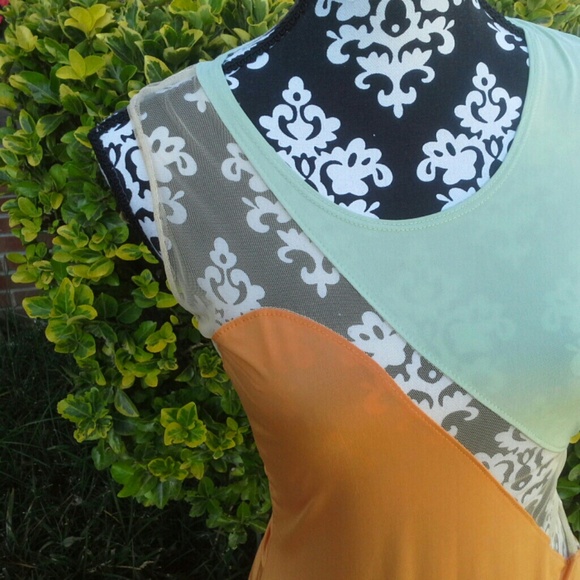 Midi Orange and Seafoam Green Dress with Mesh - Picture 2 of 4