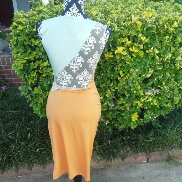 Midi Orange and Seafoam Green Dress with Mesh - Picture 3 of 4