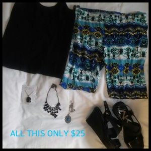 An outfit shirt,leggings,3 neclaces,shoes + watch