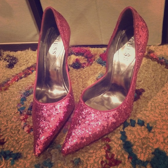 NYE pink glittery heels from Guess