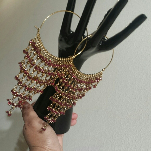 HOOP DANGLE BEADED RED & GOLD EARINGS