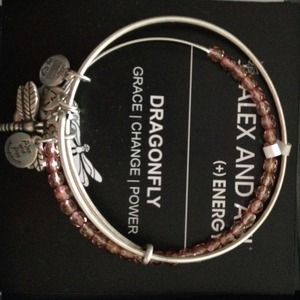 Two Alex and Ani dragonfly bracelets.