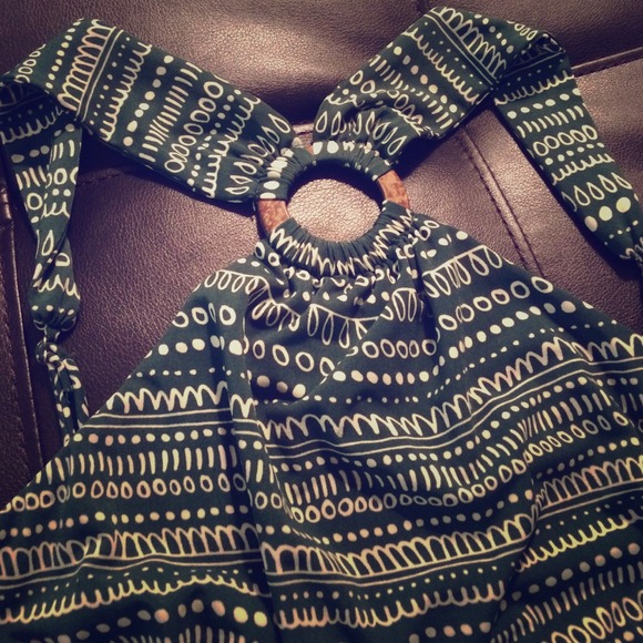 BCBG tribal print top with wooden accent