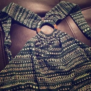 BCBG tribal print top with wooden accent