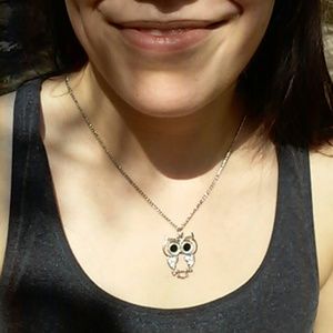 Adorable Owl Necklace with black and clear stones
