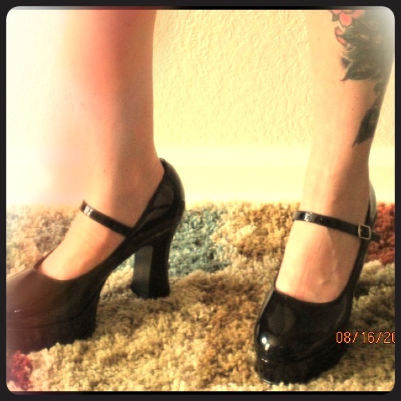 Black (Man-Made) Patent Leather MaryJane Platforms