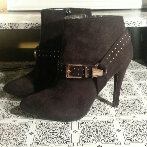 Black suede booties with 3 inch heel
