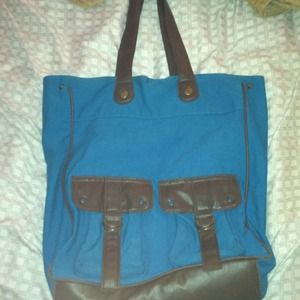 Blue and brown hand bag