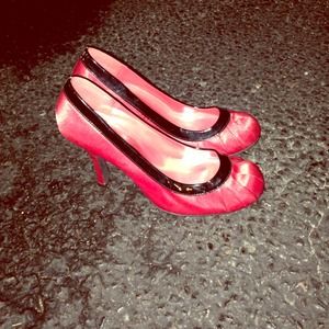 Red dress heals with black trim