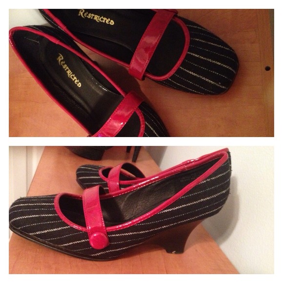 Red w/ black and white stripe Mary Jane wedges