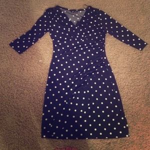 Super cute knit polka dot faux wrap dress.