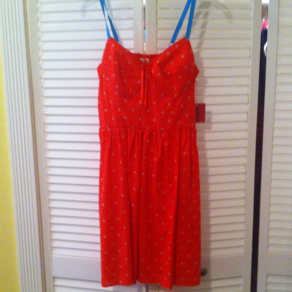 NWT Red Patterned Dress with Blue Straps - Picture 1 of 4