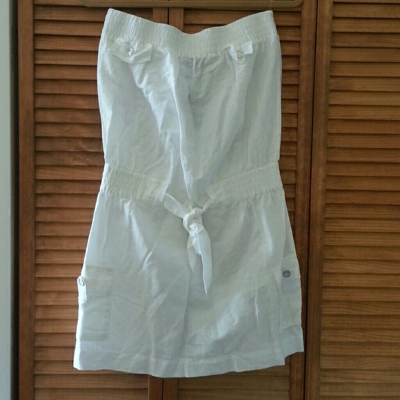 White linen cotton cargo style strapless dress L