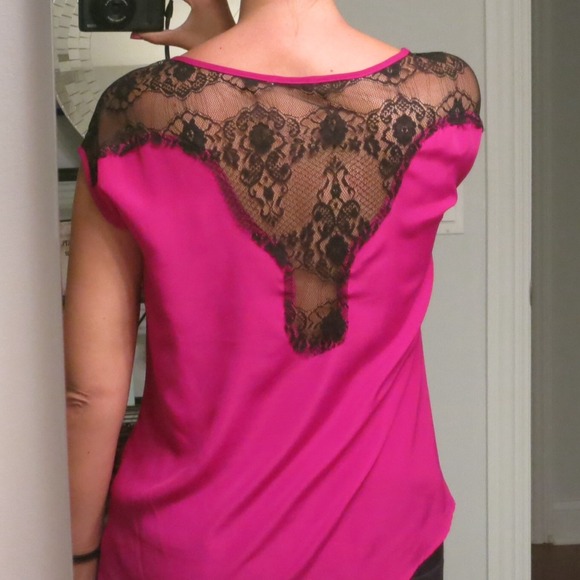 Fuschia silky top with black lace detail