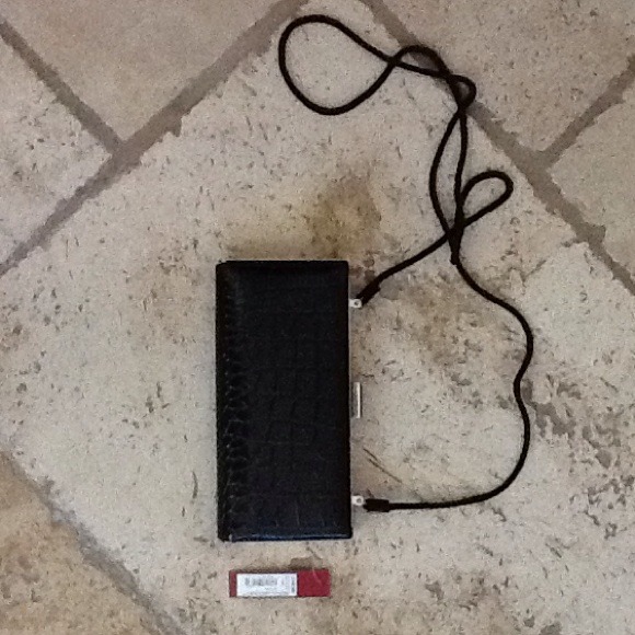 Black faux alligator clutch