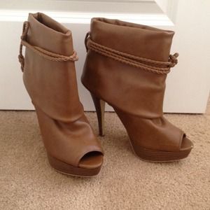 Brown leather peep toe booties