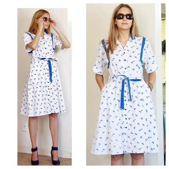 70s Vintage Foliage Print Tie-Waist Cotton Dress